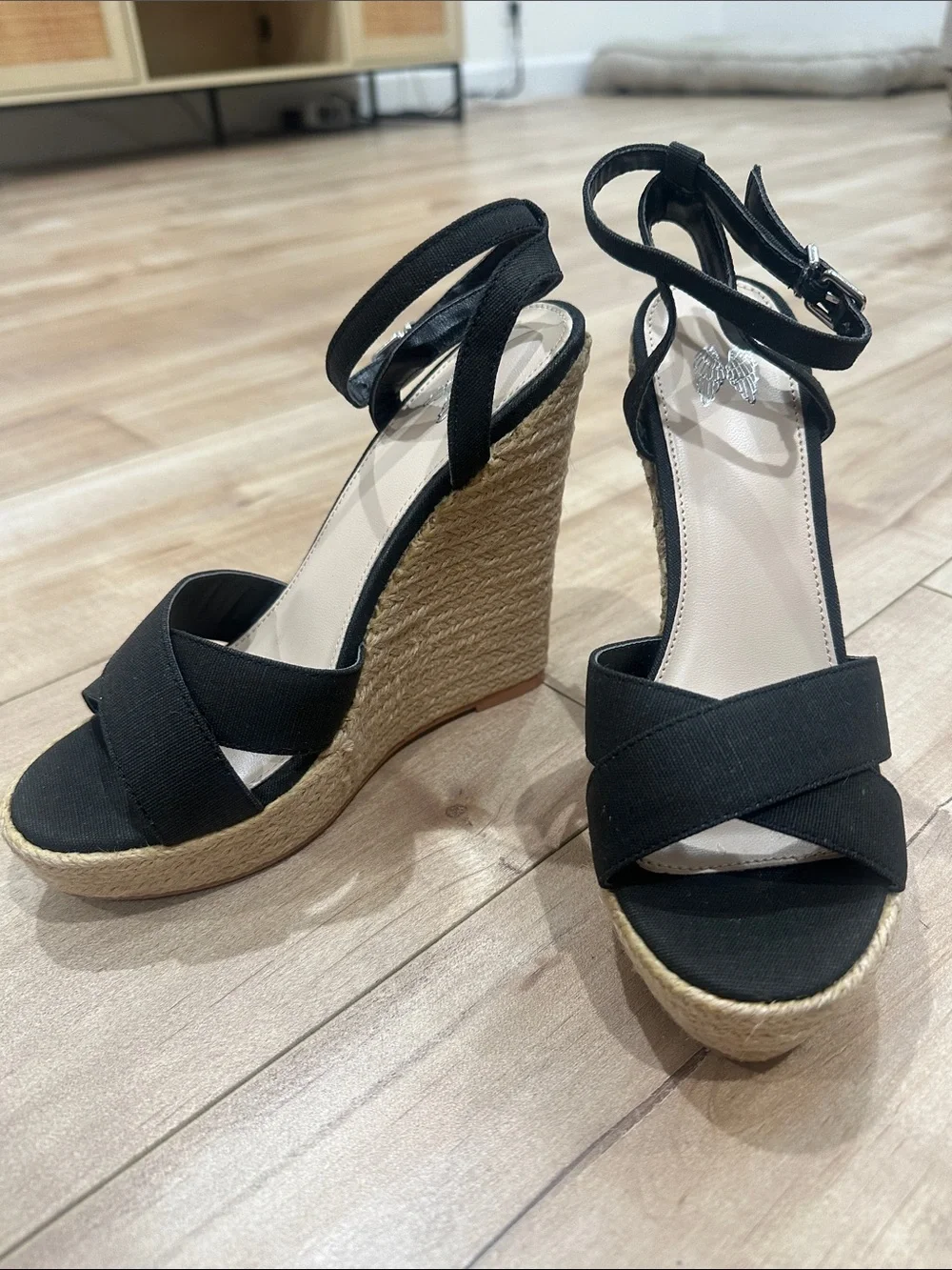Women’s Black Wedge Sandals with Ankle Strap